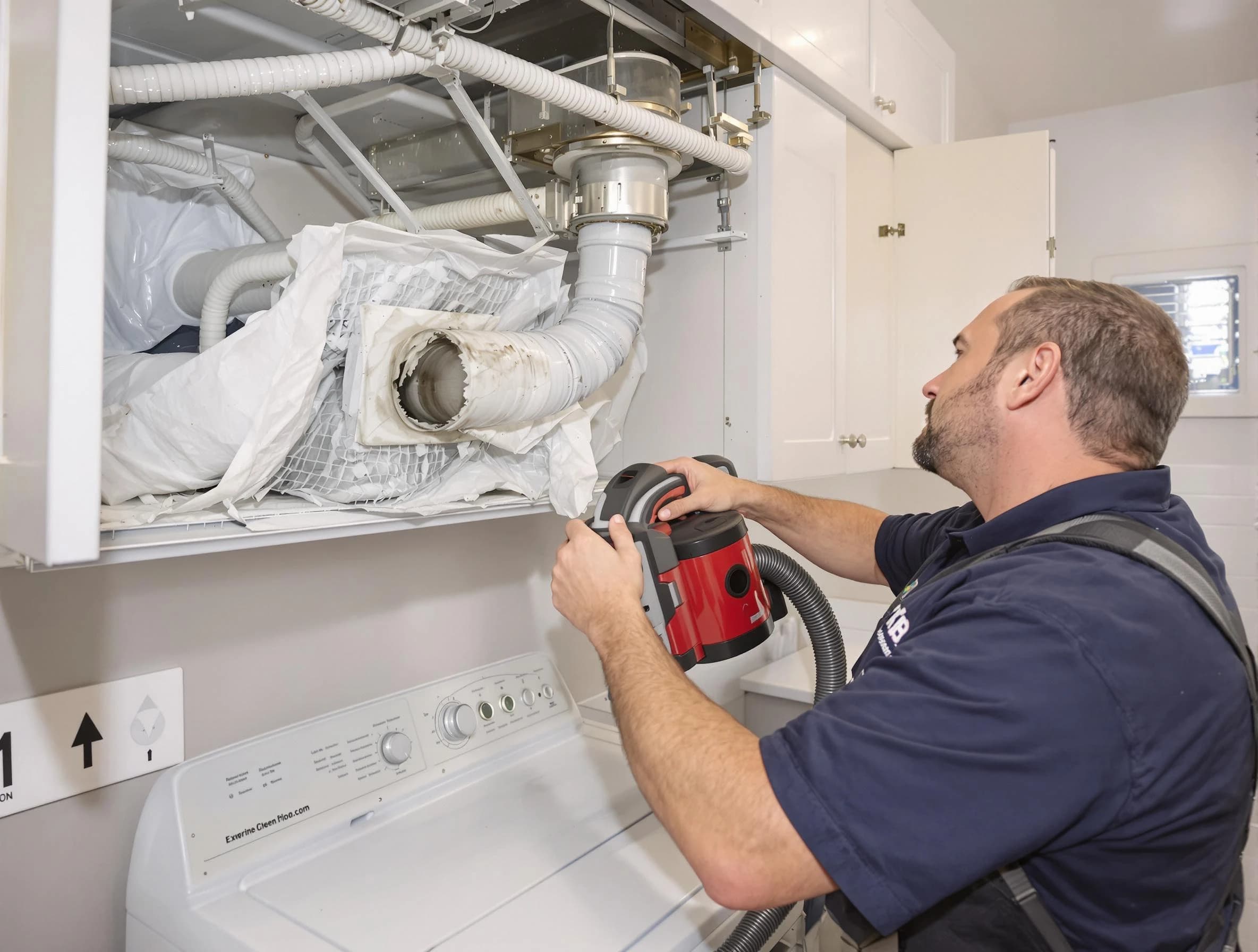 Mission Viejo Dryer Vent Cleaning technician performing professional exhaust vent cleaning at a residential property in Mission Viejo