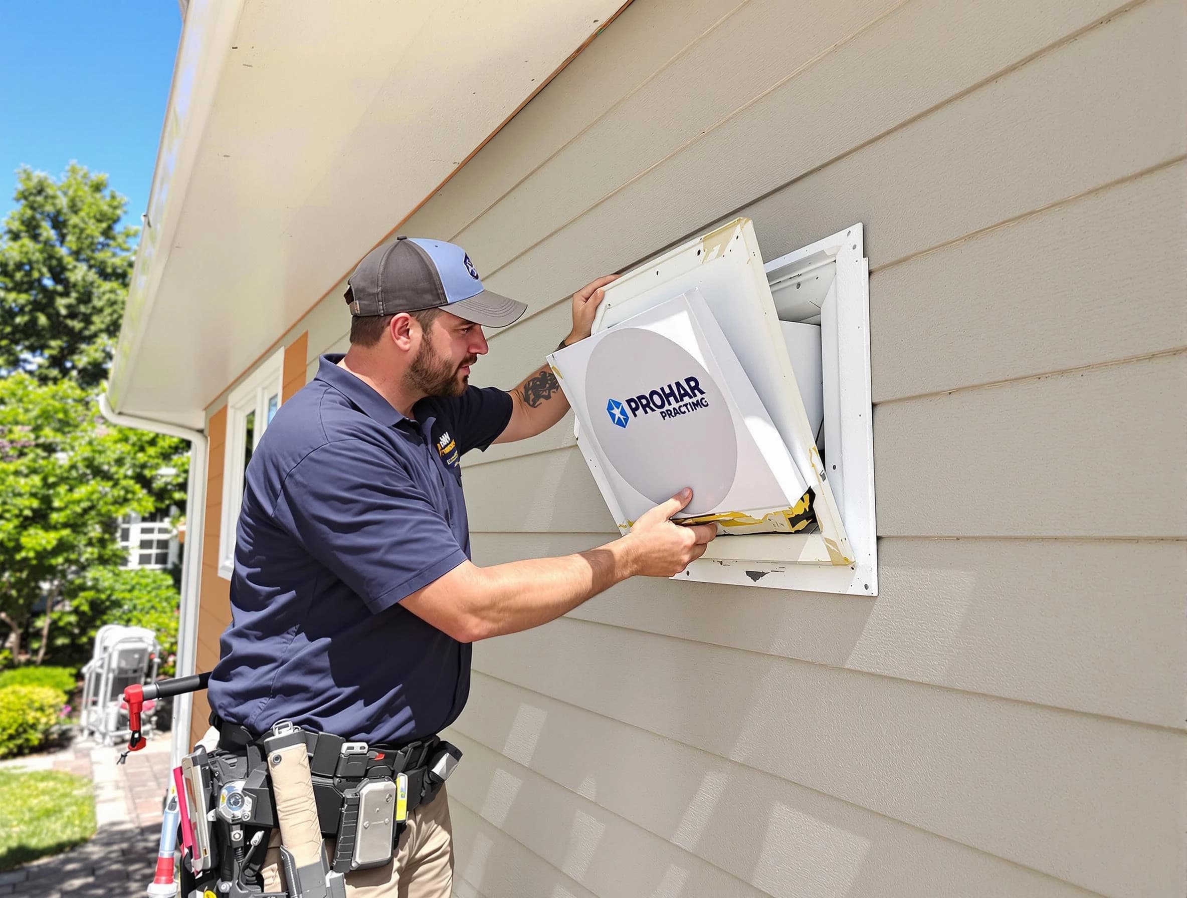 Mission Viejo Dryer Vent Cleaning technician installing a new protective dryer vent cover on a home in Mission Viejo