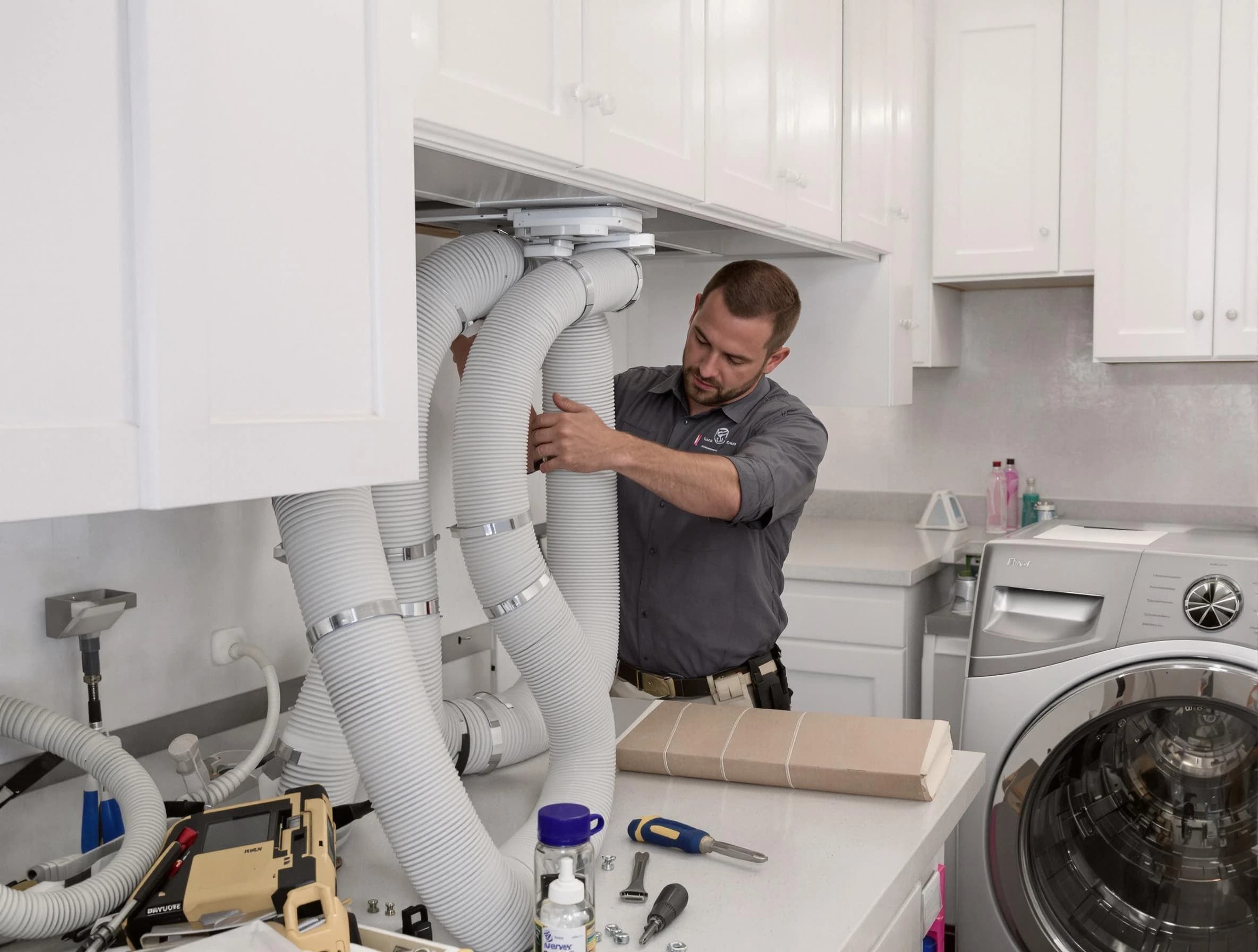 Mission Viejo Dryer Vent Cleaning technician installing a new professional-grade dryer vent hose in Mission Viejo
