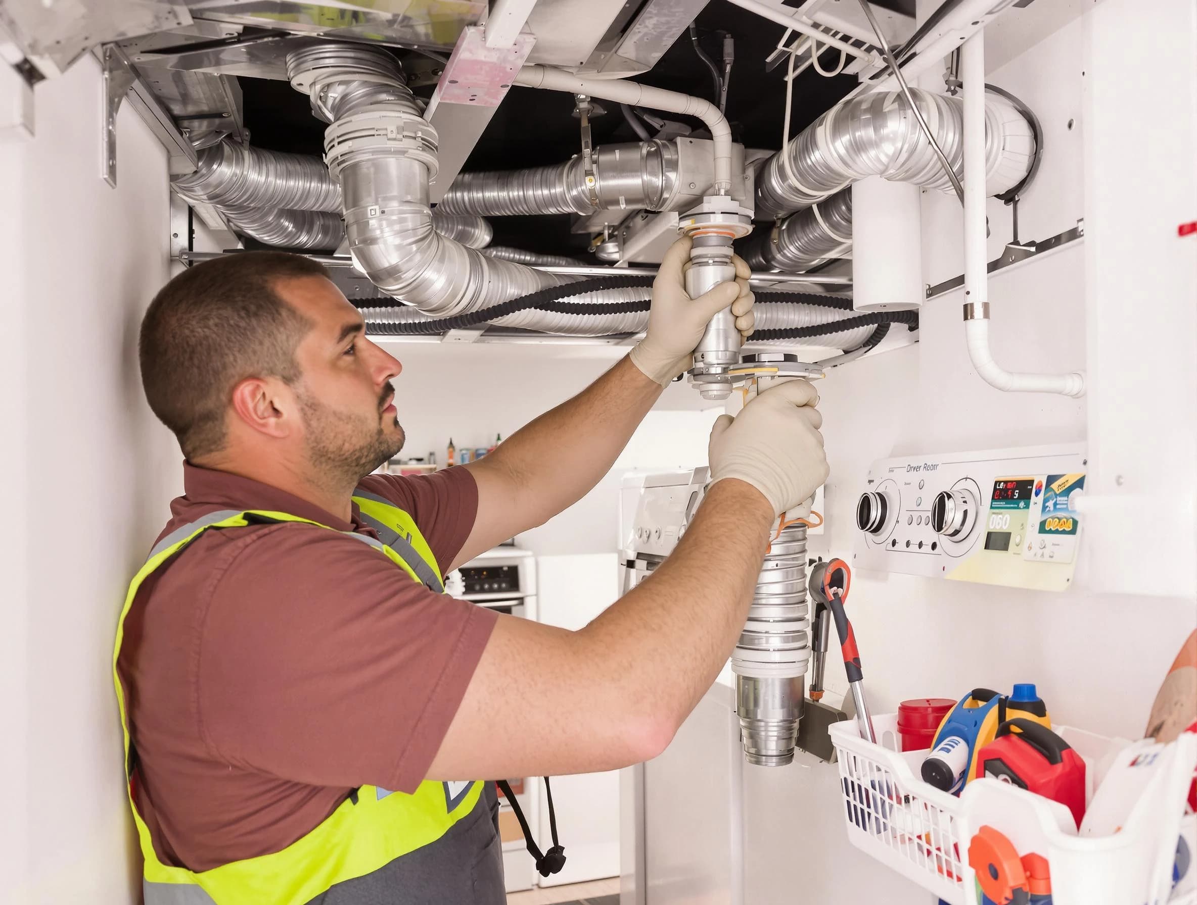 Mission Viejo Dryer Vent Cleaning expert performing both repair and installation work on a dryer vent system in Mission Viejo