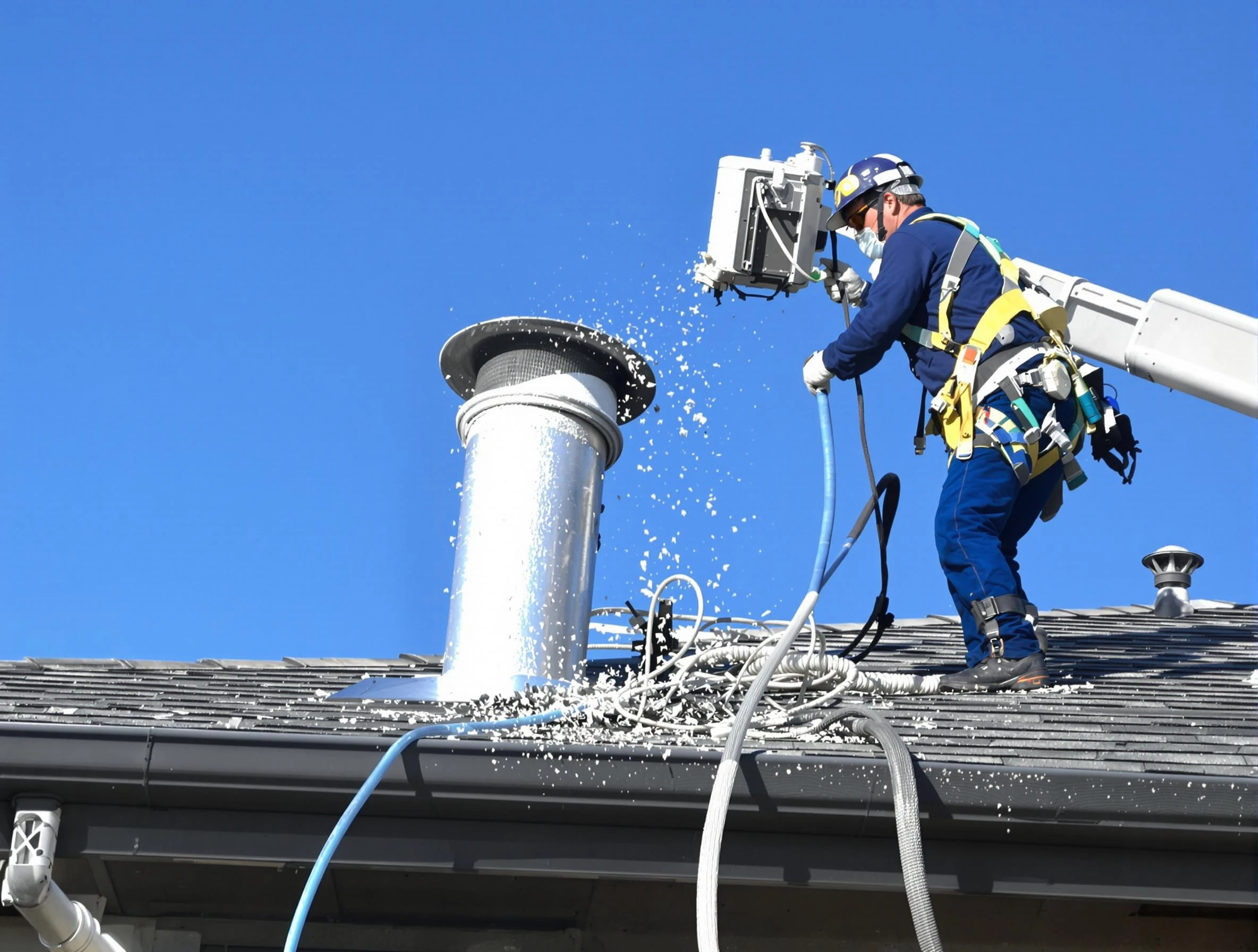 Mission Viejo Dryer Vent Cleaning certified technician safely cleaning a roof-mounted dryer vent in Mission Viejo