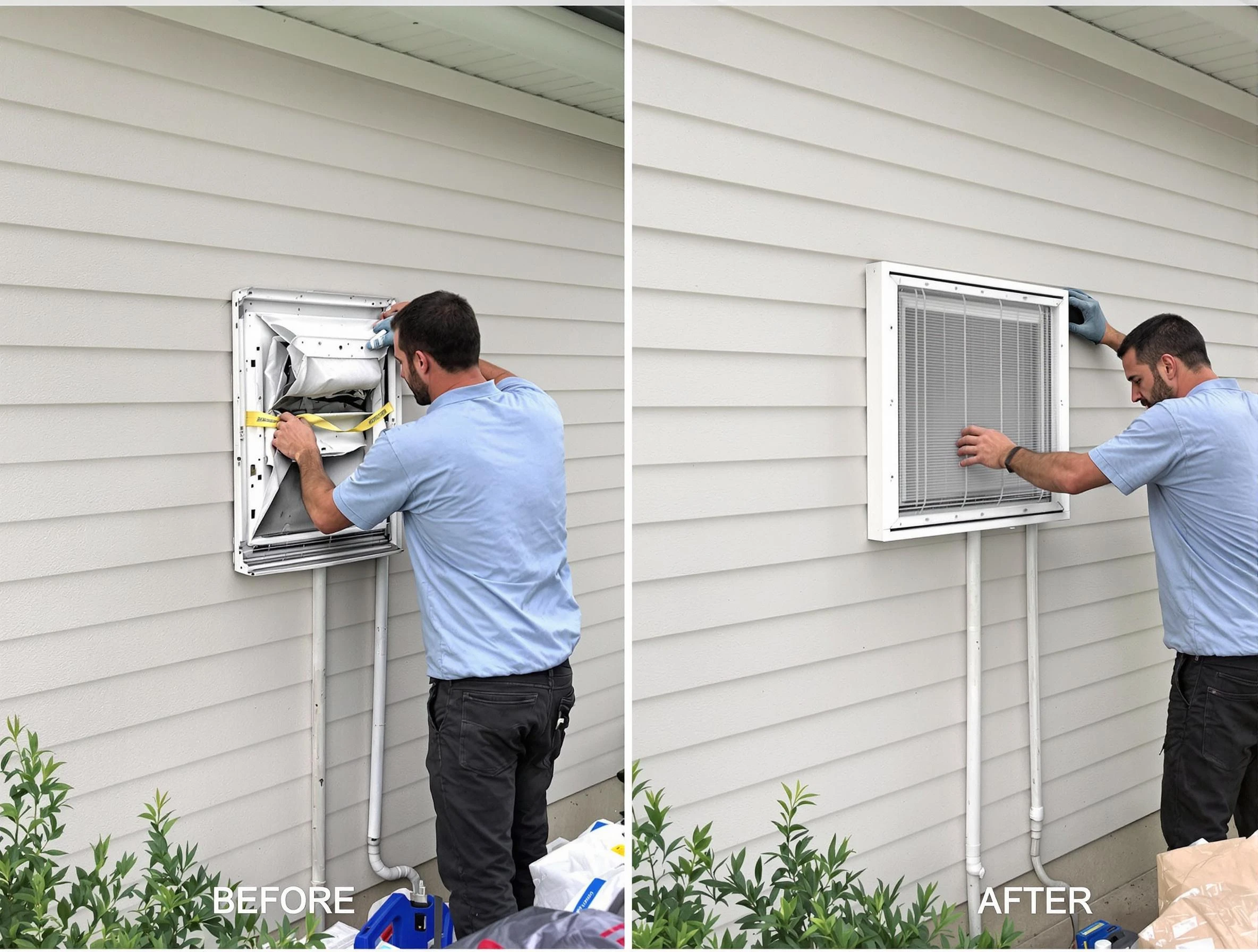 Mission Viejo Dryer Vent Cleaning technician installing high-quality dryer vent cover at a residential property in Mission Viejo